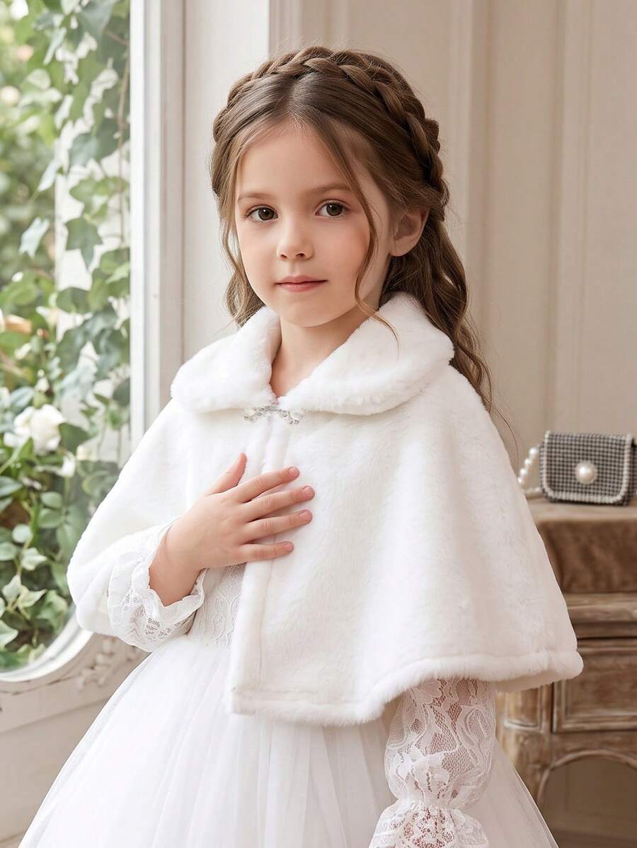 1件暖白色公主披肩披肩女童款，幼童保暖翻領披肩，百搭優雅女士公主毛皮披肩，秋冬服飾，毛絨外套披肩上衣，適合4-5-6-7-8歲，戶外聚會、派對、節日、生日禮物 - 白色 - 查看 1