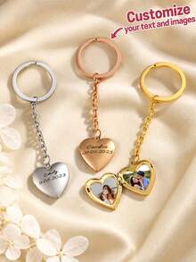 Personalized Heart-Shaped Keychain, Custom Carved Information Placement, Photo Souvenir Gift, Stainless Steel Heart-Shaped Picture Box, Chain Keychain - Multicolor - View 1