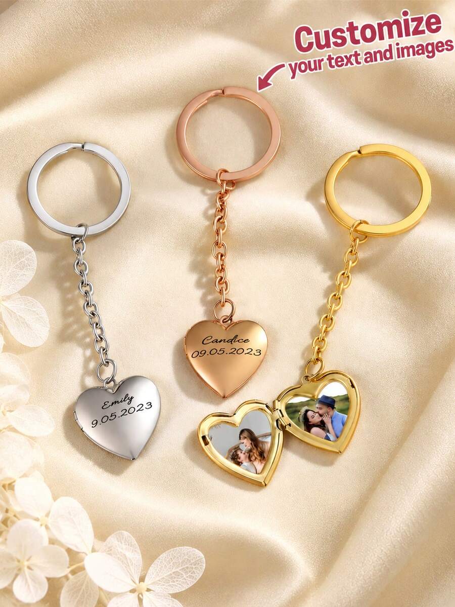 Personalized Heart-Shaped Keychain, Custom Carved Information Placement, Photo Souvenir Gift, Stainless Steel Heart-Shaped Picture Box, Chain Keychain - Multicolor - View 1