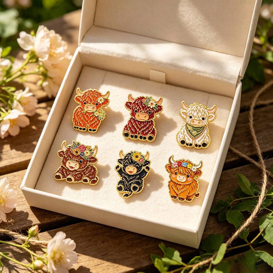 Cartoon Highland Cow Enamel Brooch, Floral Yak Metal Lapel Pin Badge, Cute Backpack Hat Jacket Clothing Decoration Accessory, Adorable Gift For Friends