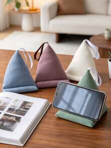 1pc Minimalist Corduroy Phone Holder, Triangular Shape, Striped Texture With Hanging Strap, Portable Smartphone Stand, Tabletop Bracket, Suitable For Bedroom, Office Desk, Living Room, Home Reading And Video Viewing - Multicolor - View 2
