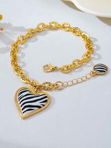 1pc Fashion Zebra Print Heart Pendant Bracelet, Gold Thick Chain With Adjustable Extension Chain, Unique Niche Jewelry Accessory - Black and White - View 5