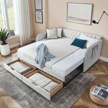 Twin Size Upholstery Daybed With Trundle Bed And Two Storage Drawers Flat Arms With Pocket Extendable Daybed For Bedroom Living Room Linen Beige - Beis - Ver 2