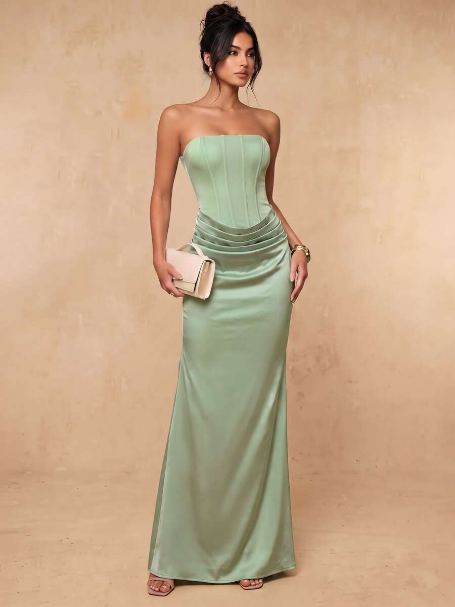 Elegant Strapless Draped Pleat Maxi Dress - Ideal For Wedding Guest, Summer Vacation, Birthday Party, Formal Party & Graduation - Mint Green - View 1