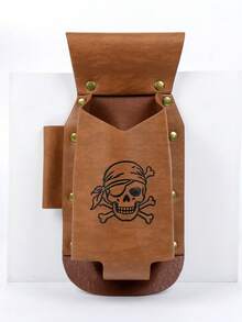 1pc Vintage Pirate Skull Print PU Leather Bottle Holder, Medieval Waist Belt Pouch For Cosplay & Renaissance Fair - A - View 3