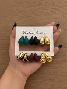 6 Pairs 12pcs Women's Earrings, Leopard Print And Colorful Water Drop Earrings Set, Fashionable Personalized Design, Suitable For Daily Wear And Gifting - Multicolor - View 2