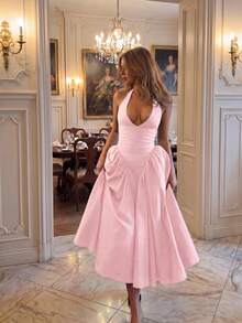 Women's Solid Color Deep V Elegant Casual Commute Date Romantic Dress Party Pink Summer - Pink - View 1