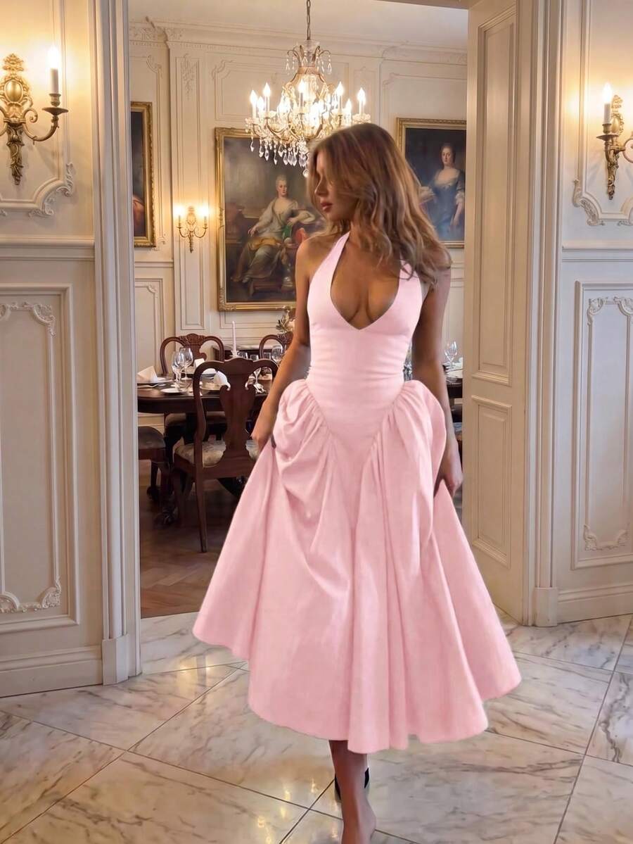 Women's Solid Color Deep V Elegant Casual Commute Date Romantic Dress Party Pink Summer - Pink - View 1