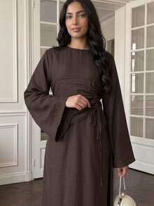 1pc Set (Excluding Headscarf) Elegant Drawstring Fashion Abaya Modest Long Dress, Skin-Friendly Comfortable For Party, Wedding, Ramadan - Brown - View 4