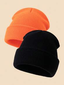 2pcs Unisex Outdoor Warm Solid Color Beanie Knit Hat Suitable For Daily Wear - Black+Orange - View 5