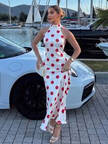 Polka Dot Elegant Knit Fabric Backless Cocktail Dress For Women, Suitable For Parties, Dates And Weddings - Red - View 1