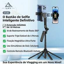 Tripé 1.8 Metros Magnético Bastão de selfie Com Rastreamento Facial de IA com câmera dupla 360° LAY C12C - Preto - Visão 4