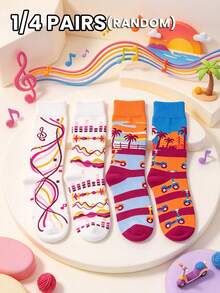 1/4 Pairs Multi-Color Random Couple Socks, All-Season, Illustration Music Note, Skateboard, Coconut Tree Landscape Silhouette, Personalized Fashion Street Casual Mid-Calf Socks - Multicolor - View 1
