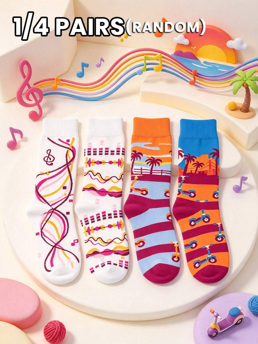 1/4 Pairs Multi-Color Random Couple Socks, All-Season, Illustration Music Note, Skateboard, Coconut Tree Landscape Silhouette, Personalized Fashion Street Casual Mid-Calf Socks - Multicolor - View 1