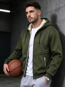 1pc Men's Long Sleeve Sherpa Lined Zip-Up Hoodie Jacket, Thick Casual Fleece Jacket, For Fall Winter - Army Green - View 2