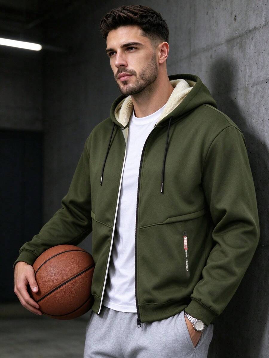 1pc Men's Long Sleeve Sherpa Lined Zip-Up Hoodie Jacket, Thick Casual Fleece Jacket, For Fall Winter - Army Green - View 1