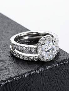 ANU JEWEL 橢圓形莫桑鑽戒指套組 銀色戒指 婚戒 訂婚戒指 新娘珠寶 - 白色 - 查看 7