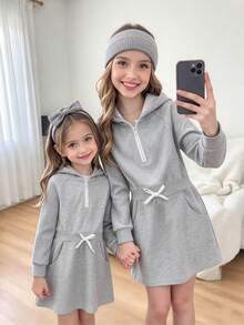 Girls Casual Hooded Sweatshirt Dress, Light Gray Tone, Minimalist Versatile Half-Zip Design, Long Sweatshirt - Light Grey - View 1