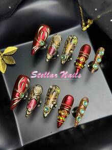 10pcs Long Stiletto Red Gold Curve Gem Rhinestone Tiger Print Press On Nails, Vintage Baroque Handmade Fall&Winter Reusable Fake Nails, Suitable For Party, Dating, Daily, Cosplay, Festival, Club, With Jelly Glue And Nail File, Luxury Y2K Style - Red - View 3