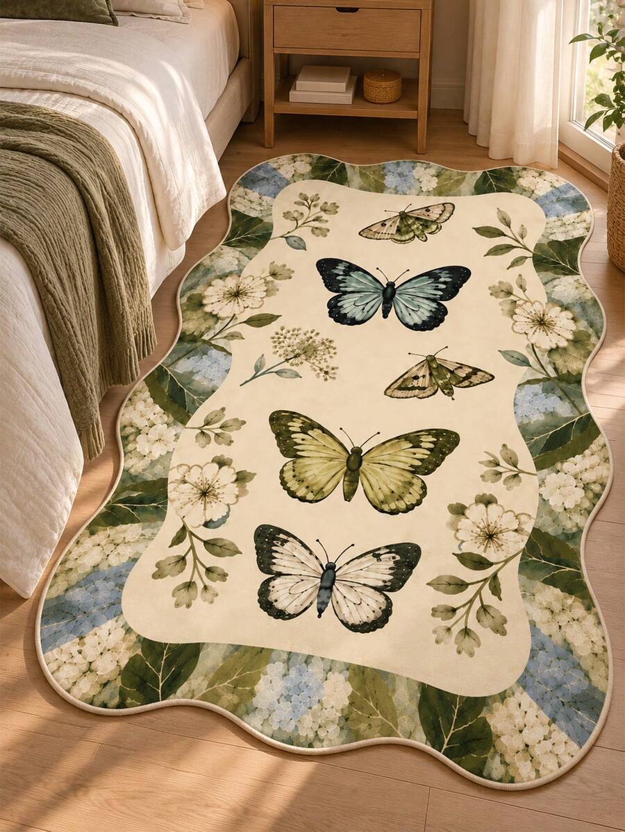 Pinkie Home - 1pc Asymmetrical Irregular Shape Butterfly Rug - Modern Aesthetic, Machine Washable, Non-Slip - Print Living Room Rug Area Rug/Carpet/Bath Mat, Suitable For Bathroom, Kitchen, Entryway, Hallway, Bedside, Living Room, Bedroom, Home Decor - Green - View 1