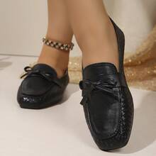 Women's Woven Texture Bow Decor Square Toe Low-Top Flat Loafers, Minimalist Commute Daily Autumn Black PU Shoes - Black - View 1