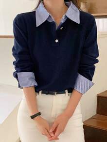 Livesso Women's Patchwork Contrast Color 2 In 1 Combined Long Sleeve Collared Casual Vacation Korean Style Autumn/Winter Sweater - Navy Blue - View 6