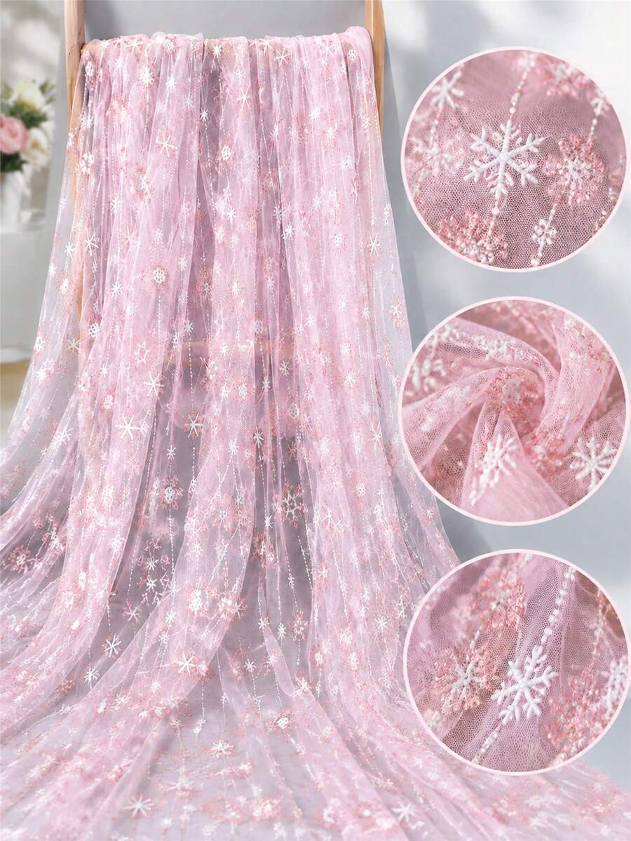 HHMC 1pc Pink Printed Mesh Fabric, Dual-Color Snowflake Pattern Mesh Fabric, Transparent Soft Material, 150cm Wide, Suitable For Indoor Decoration Or DIY Crafts, Such As Curtains, Tablecloths, Dresses, Etc., Sewing Material - Multicolor - View 1