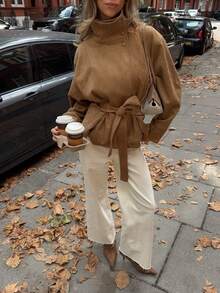 Women's Autumn/Winter Long Sleeve Stand Collar Belted Suede Texture Jacket - Khaki - View 8