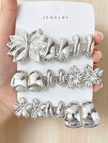 6-18pcs Silver Multi-Layer Leaf, Large & Small C-Hoop, Wide C-Hoop, Flower, Water Drop Earrings & Studs Set, Suitable For Daily Commute & Party Wear, Best Gift For Women - Silver - View 10
