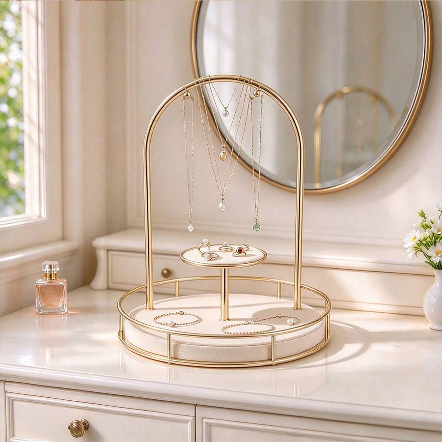 1pc French Luxury Vintage New Jewelry Tray, High-End Cosmetic & Accessory Storage Rack For Desktop, Countertop, Bathroom - Multicolor - View 1
