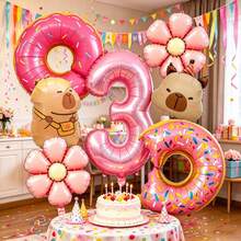 Donut And Capybara Digital Balloon Set, Includes Pink Number Balloons, Donut Balloons, Capybara Balloons, Daisy Balloons, Suitable For Birthday Party Decoration, Cute Soft Style Theme Party And Other Occasions - View 12