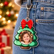 Custom Keychain With Photo, Personalized Christmas Key Chain, Festive Bow Holiday Keychains, Customized Picture Bag Charm, Customizable Xmas Gift - Multicolor - View 4