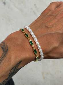 2pcs/Set Gelang Vintage Prancis Warna Hijau Zamrud dengan Batu Berlian Imitasi Persegi dan Mutiara Imitasi, Rantai Emas, Perhiasan Tangan Berlapis, Aksesori Kasual Sehari-hari untuk Hadiah Kembali ke Sekolah - Yellow Gold - View 2