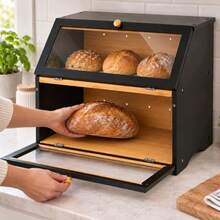 Double-Layer Bamboo And Wood Bread Storage For Kitchens Household Countertop  Double-Door Layered Design Features A Transparent Flip-Top Top Capacity To Store Multiple Types Of Bread Baked Goods Simultaneousl The Top Shelf Can Also Hold Spice Jars - View 1