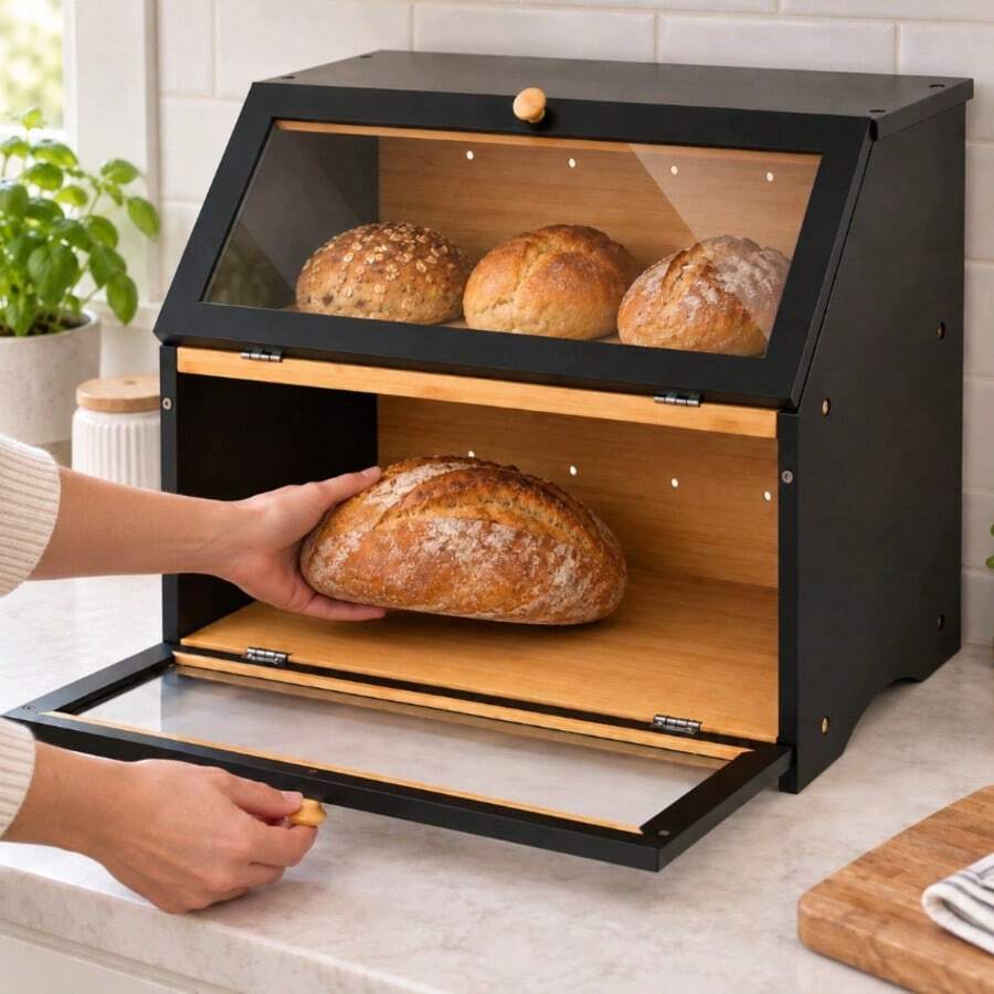 Double-Layer Bamboo And Wood Bread Storage For Kitchens Household Countertop  Double-Door Layered Design Features A Transparent Flip-Top Top Capacity To Store Multiple Types Of Bread Baked Goods Simultaneousl The Top Shelf Can Also Hold Spice Jars - View 1