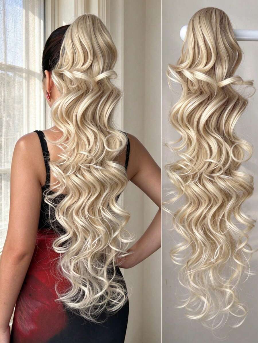 HEYPINK Claw-Shaped Ponytail Hair Extension, 28 Inch Deep Wave Gold Heat-Resistant Synthetic Fiber Ponytail Wig, Suitable For Women's Christmas, Halloween Party And Daily Wear