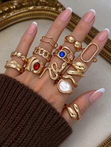 Set Cincin Tebal Gaya Logam Bertekstur, 13 Buah, Modis, Minimalis, Elegan, Indah, Desain Vintage, Batu Permata Imitasi Berwarna-warni, Mutiara Imitasi Berkilau, Rantai Geometris Ular, Persegi, Bergelombang, Cocok untuk Hadiah Liburan, Pesta, Kencan, Pemakaian Sehari-hari, dan Personalisasi. - Yellow Gold - View 4