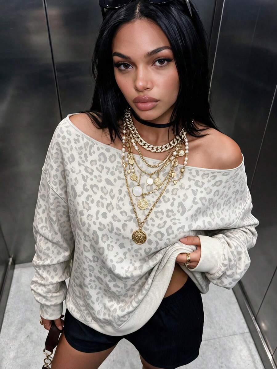 Women's Casual Leopard Print Cold Shoulder Loose Sweatshirt, Suitable For Daily Wear, Autumn/Winter Clothing, Autumn/Winter Outfit, Outdoor Outfit