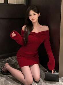 Off-Shoulder Solid Color Knit Dress For Christmas, Autumn And Winter - Red - View 4