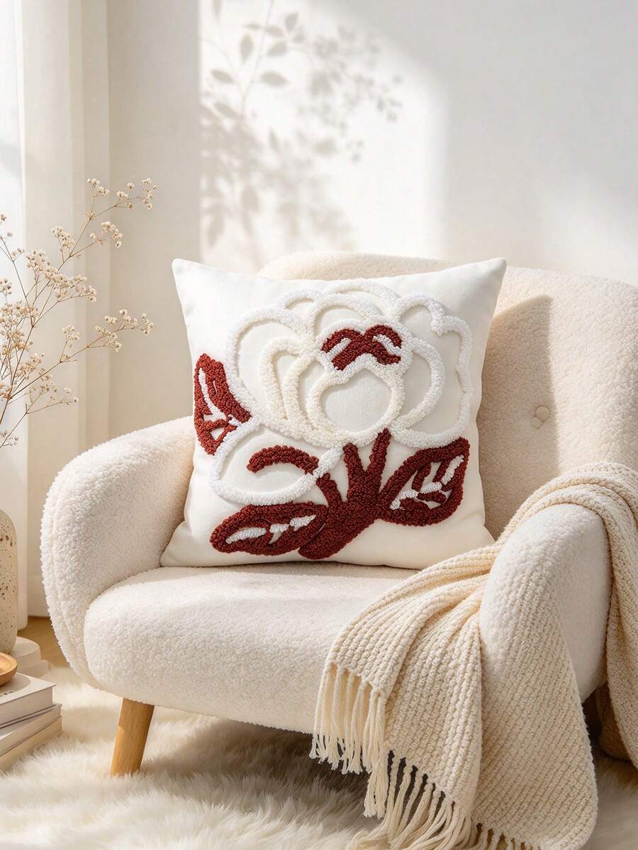 3D 簇花山茶花枕套,3D 刺繡花卉方形裝飾靠墊套,適用於沙發、床鋪,波西米亞鄉村風家居裝飾枕套,18*18 英吋,不含枕芯 - 棕色 - 查看 1
