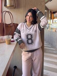 JustMiss 女款V領套頭長袖休閒學院通勤數位圖案粗針織毛衣上衣，秋冬款 - 粉色 - 查看 2