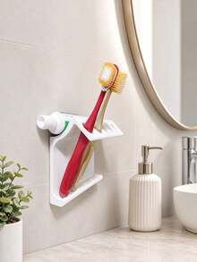 Drill-Free Self-Adhesive Wall-Mounted Toothbrush Holder, Multi-Functional Drainage Storage Rack, Can Store Makeup Brushes, Toothpaste, Razors, Space-Saving Bathroom Kitchen Vanity Hanging Storage Rack, Easy Installation And Stable, Suitable For Homeowners And Renters As Home Gift - Multicolor - View 3