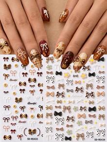 2 Sheets Fall Bow Nail Stickers, Cute Brown Bowknot Daisy & Button Nail Art Decals, Autumn Theme Manicure Decorations, DIY Nail Design Accessories For Women - Multicolor - View 1