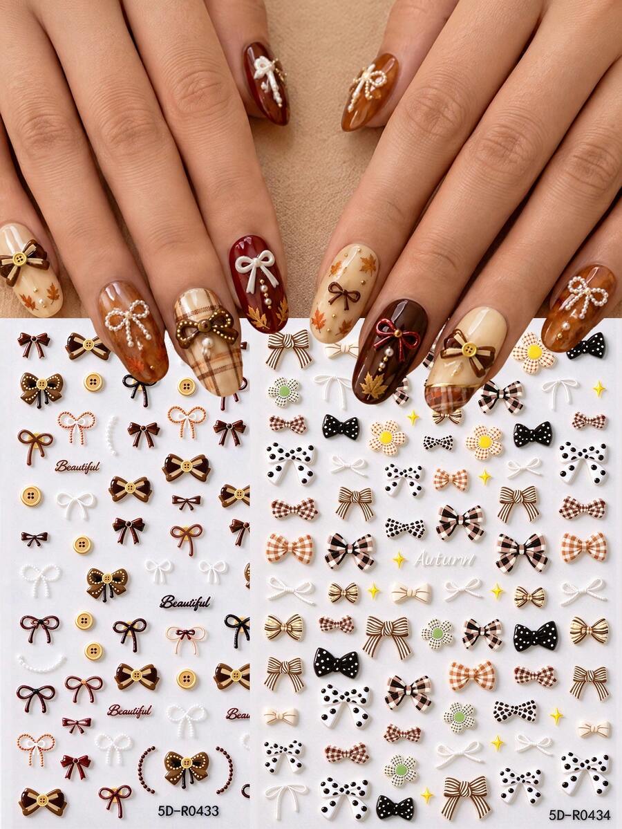 2 Sheets Fall Bow Nail Stickers, Cute Brown Bowknot Daisy & Button Nail Art Decals, Autumn Theme Manicure Decorations, DIY Nail Design Accessories For Women - Multicolor - View 1