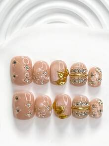 10件組手工穿戴式假指甲套組，花卉金色美甲，優雅風格，附美甲工具，3種尺寸可選，方形/短方形/杏仁形，適合派對、跳舞、日常配戴（手工細節可能有所不同） - 彩色 - 查看 17