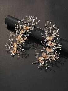 1pc Women's Wedding Leaf Alloy Pearl Rhinestone Soft Chain Headband Hair Accessory - Gold - View 7