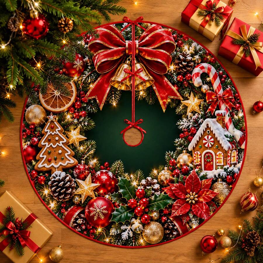 1pc Christmas Wreath Large Bow Pattern Christmas Tree Skirt, Elegant Color Holiday Decoration, 5 Sizes, Unisex Holiday Gift, Suitable For Home And Party Christmas Home Decor - Christmas Wreath Large Bow - View 1