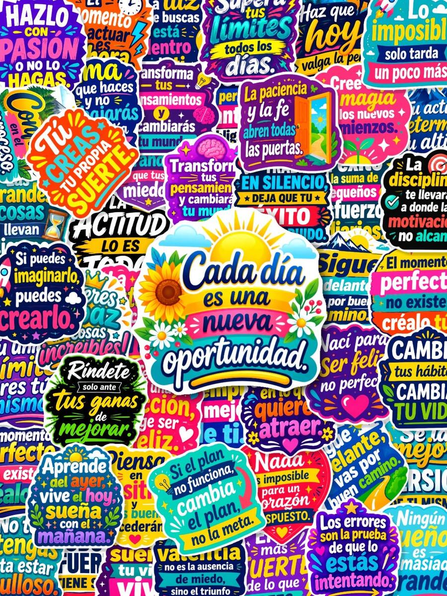 50Pcs BoldSpanish Positive Quote Stickers, Colorful Bold Motivational Spanish Slogan Decals For Album Decor, Art Journal, Scrapbook Material, Handmade Craft DIY Ornament - Multicolor - View 1