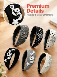 1pc Music Theme Headband, Knitted Fabric With 3D Musical Note, Star Patch Headband, Polka Dot Fabric With Metal Heart-Shaped Musical Note Pendant, Black White Grey Color Scheme, Suitable For People Who Like Simple And Gentle Style, Daily Wear, School, Commute, Travel And More - Multicolor - View 5