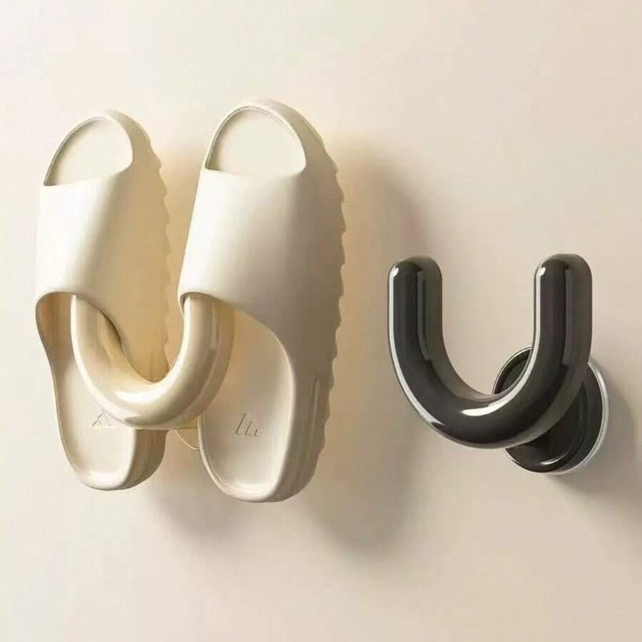 1pc Wall Mounted Shoe Rack With Suction Cup, U-Shaped Hooks For Slippers Storage, White Suitable For Daily Item Storage, Can Hang Slippers, Hair Ties, Towels And More. - Black - View 1